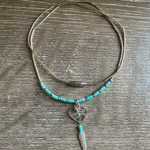 Feather & Heart Turquoise Silver T Southwest Vintage Pendant Necklace - 16"